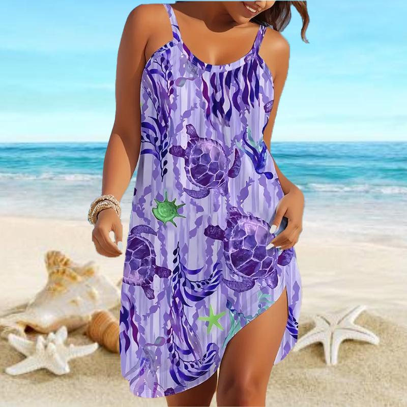 Beach Wear Mini Dress Print Casual Modern Dress Sleeveless Loose Fit Outdoor Daily Boutique Women's Turtle Print Camisole Skirt Summer