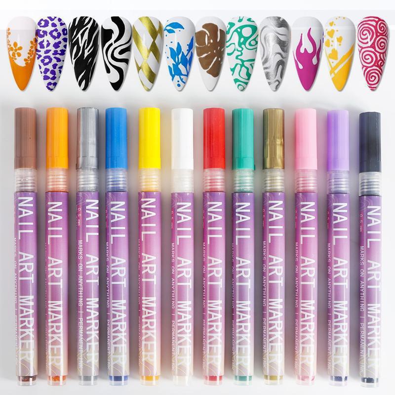 12 Colors Waterproof Nail Art Markers Quick Dry DIY Manicure Drawing Liner Nail Art Graffiti Pen Set 0.5mm Fine Tip Paint Pens