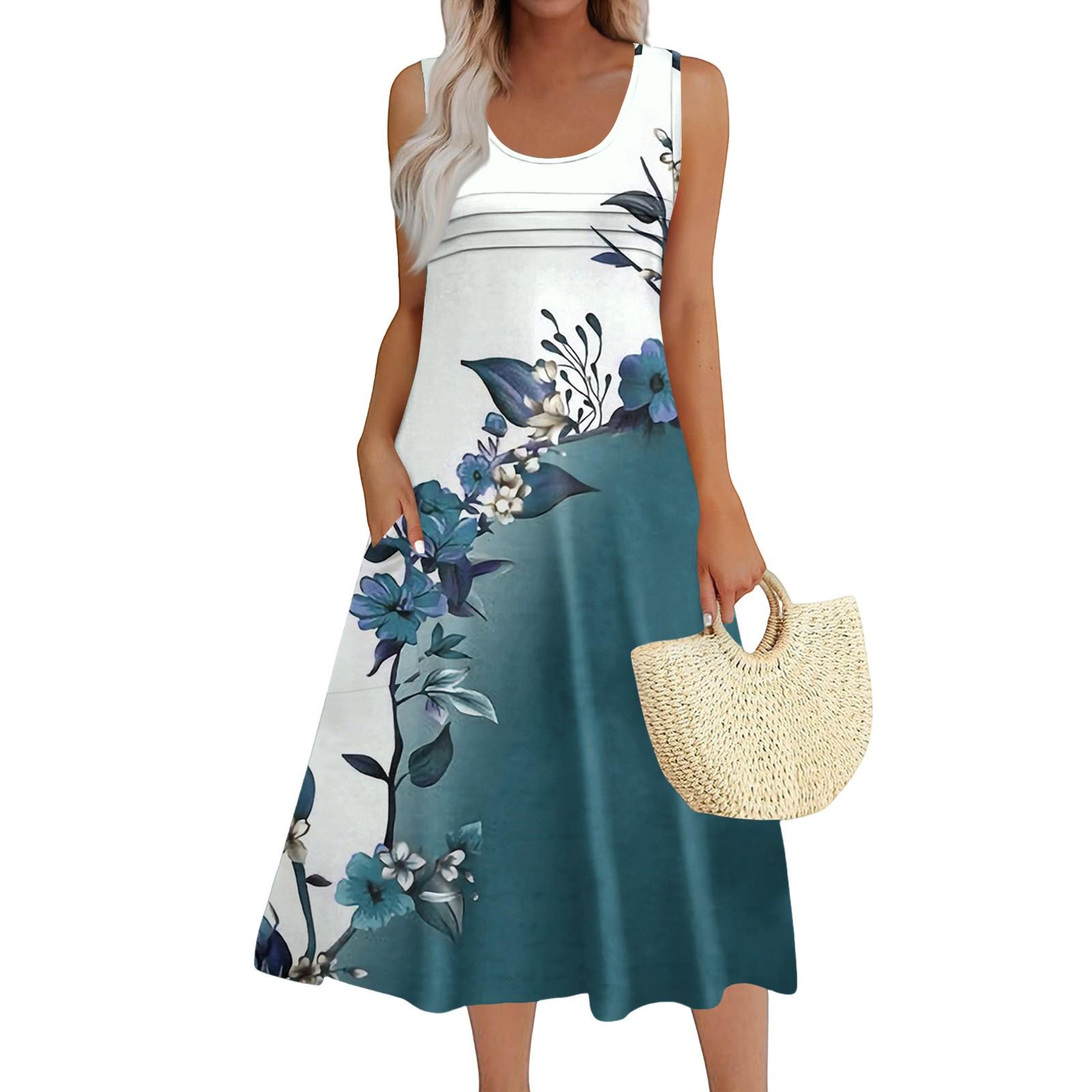 

Женское модное пляжное платье без рукавов с круглым вырезом и карманами, длинные цветочные платья S синий