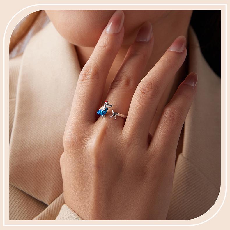 Everle S925 Sterling Silver Dachshund Adjustable Christmas Ring for Women