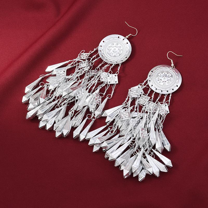 A few long Miao silver fringed earrings Guizhou Miao retro temperament earrings women's niche Yunnan earrings