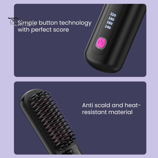 Nano-ceramic Hair Brush Cordless Straightener with 3 Temperature Settings Portable Mini Travel Straightening Comb Rechargeable Fast Heating