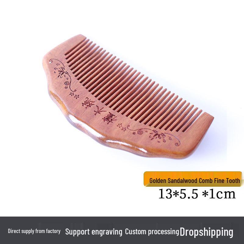 Golden Sandalwood Comb: Souvenir with Text Pattern, Thick Wooden Handle, Hairdressing Meridian Gift