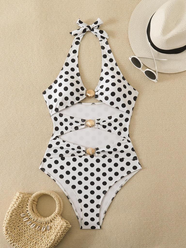 Damen Neckholder-Badeanzug mit Polka-Dots und sexy Cut-Outs