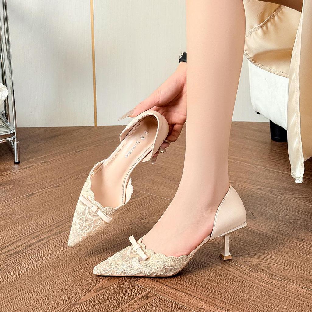Bow Lace Embroidered Pointed Toe Stilettos - Women's Slimming Hollow High Heels for Summer