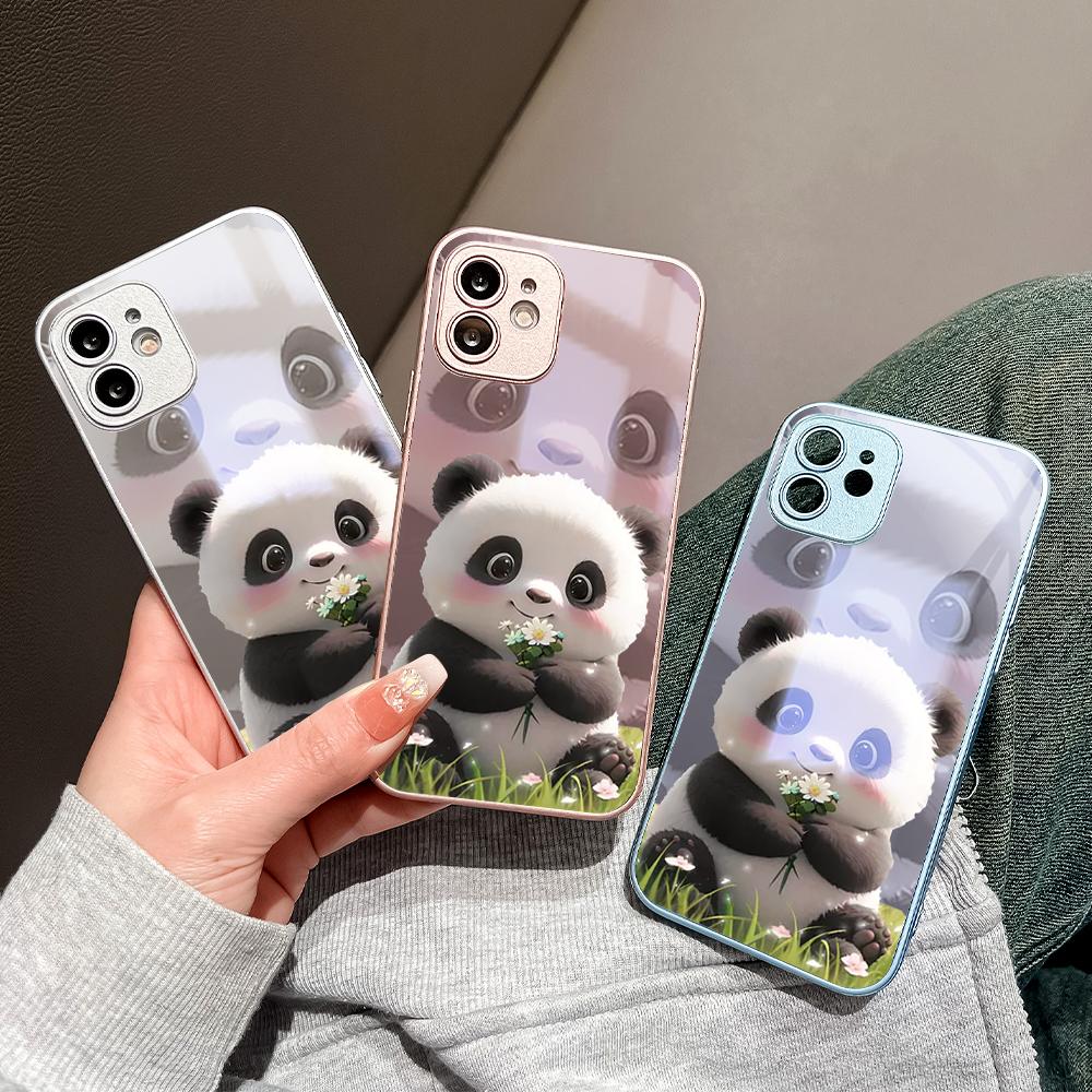 Urocza obudowa telefonu Giant Panda Lakier metaliczny Odporna na wstrząsy obudowa ze szkła hartowanego do Huawei Honor iPhone OPPO Realme OnePlus Xiaomi Redmi Samsung Vivo