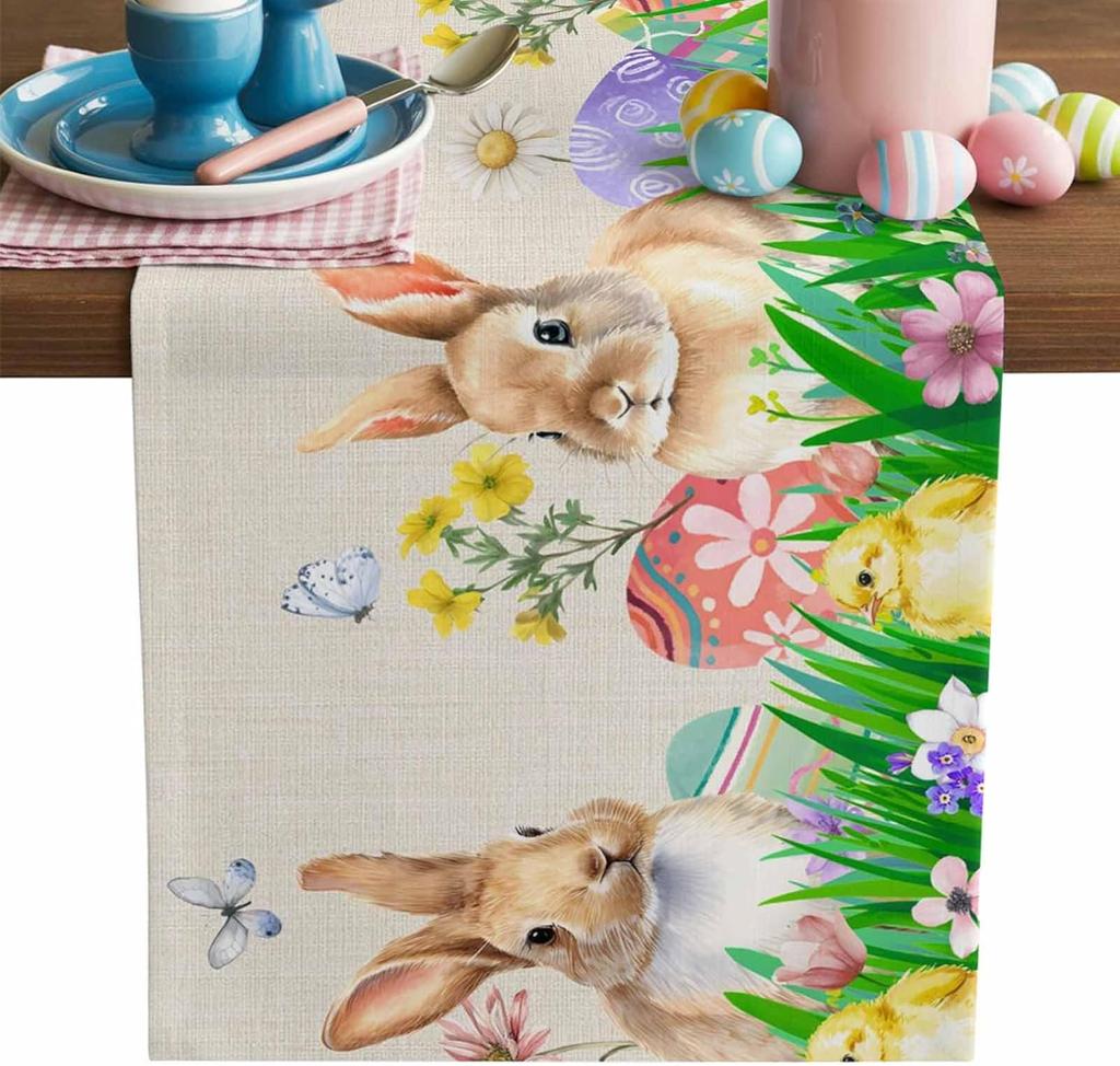 Easter Bunny Eggs Floral Grass Linen Table Runner Party Decor Spring Colorful Flowers Butterfly Table Runners Easter Decorations