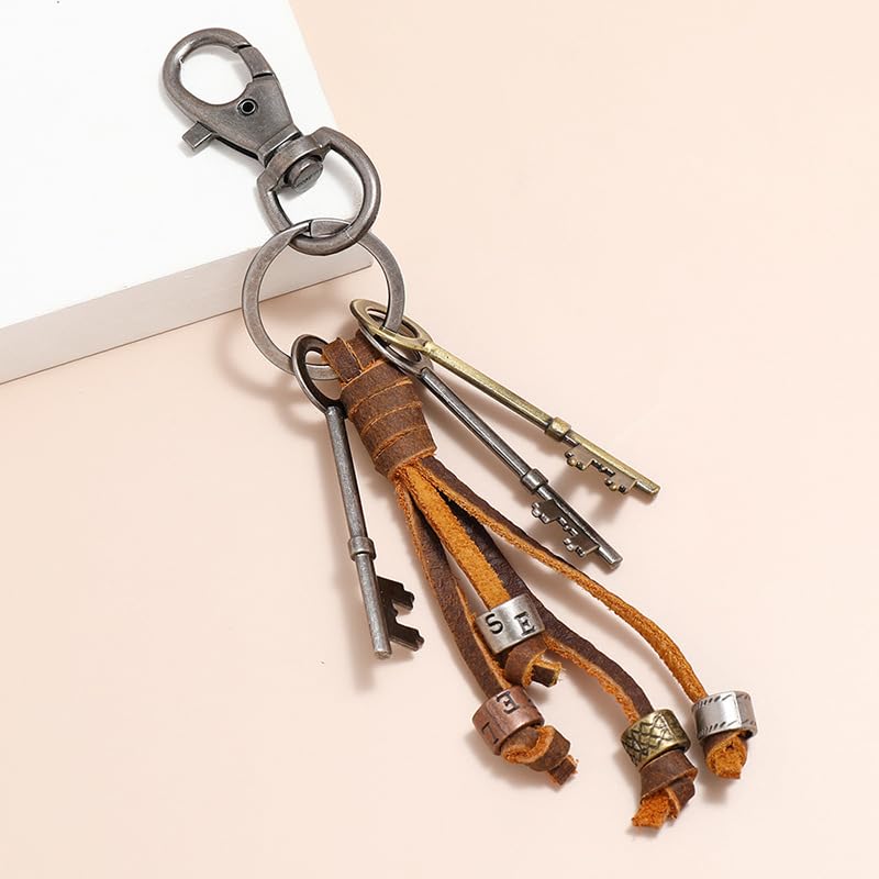 Rockyu Key Holder Mens Cowhide Leather Alloy Vintage Motif Fringe Long Type Brown Stylish Bag Charm Car Birthday Christmas Gift