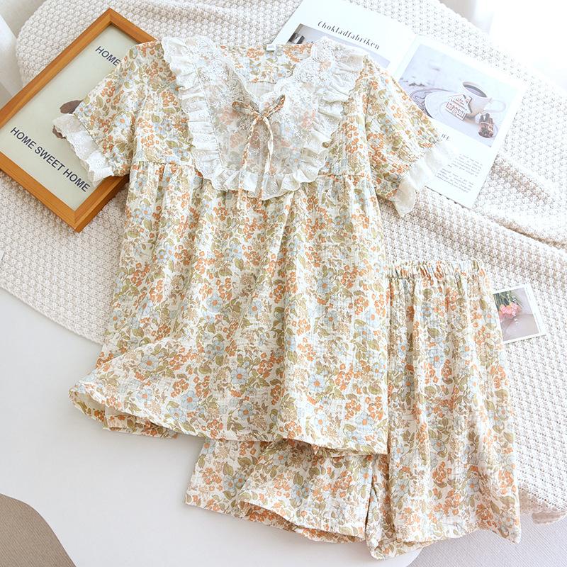 Latest Summer Women Pajama Set 100 Cotton V-Neck Short Sleeve Shorts Two Piece