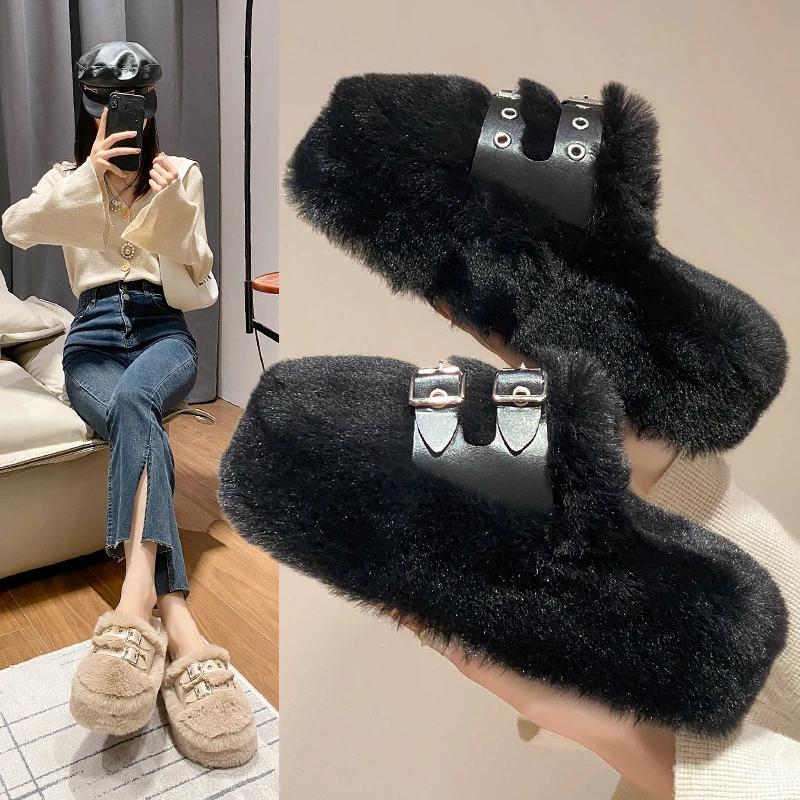 Fashion 2024 New Plush Baotou Slippers Fairy Style Outerwear Fashion Buckle Thick Sole Warm Women's Shoes Casual Tenis De Mujer