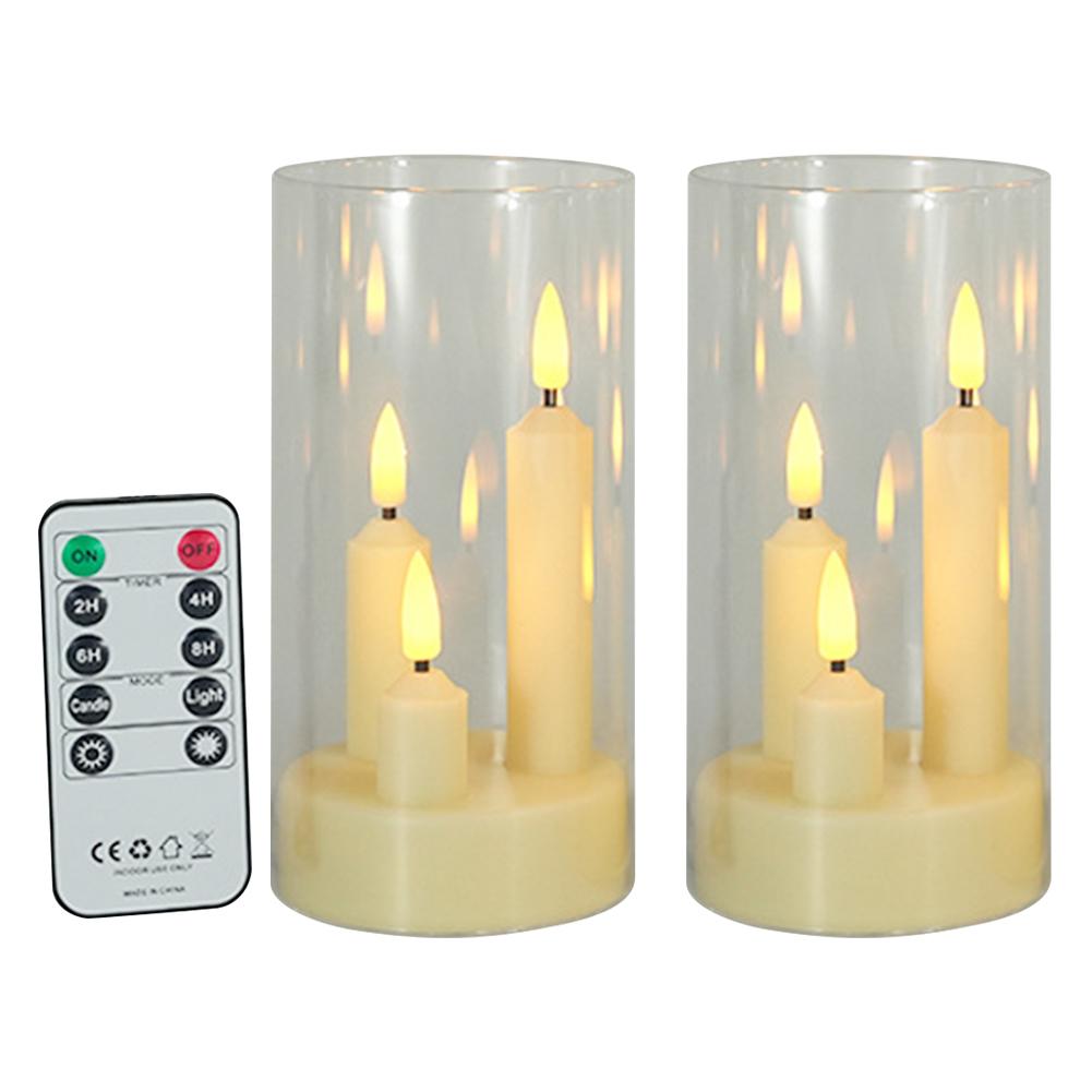 2Pcs LED Electronic Candles Lights with RC Acrylic Glass Candle Light Three-Wick Pillar Candles for Wedding Christmas Room Decor