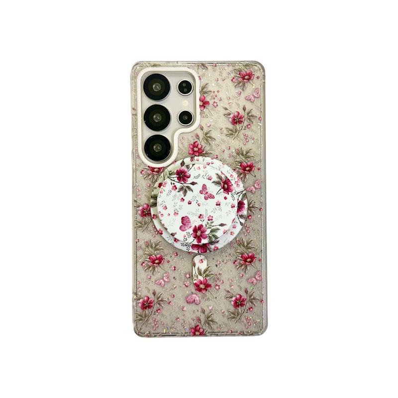Koreanische minimalistische Glitzerblumen-Magnet-Handyhülle für Samsung S25 Ultra/S24 Plus