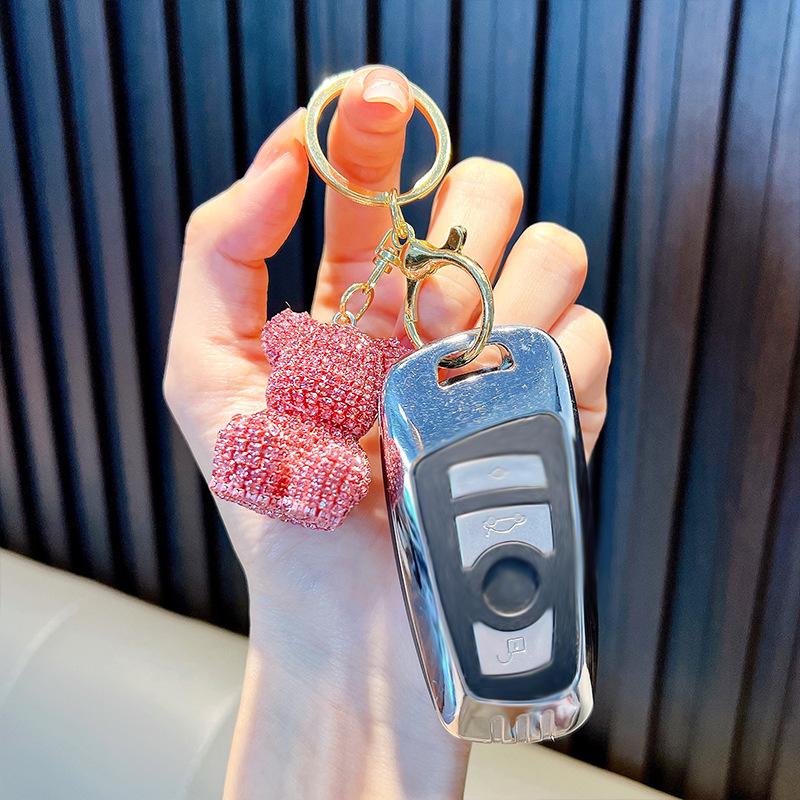 Christmas Valentine's Day Full Diamond Riding Bear Car Keychain Female Bag Pendant Exquisite Water Diamond Keychain Small Gift