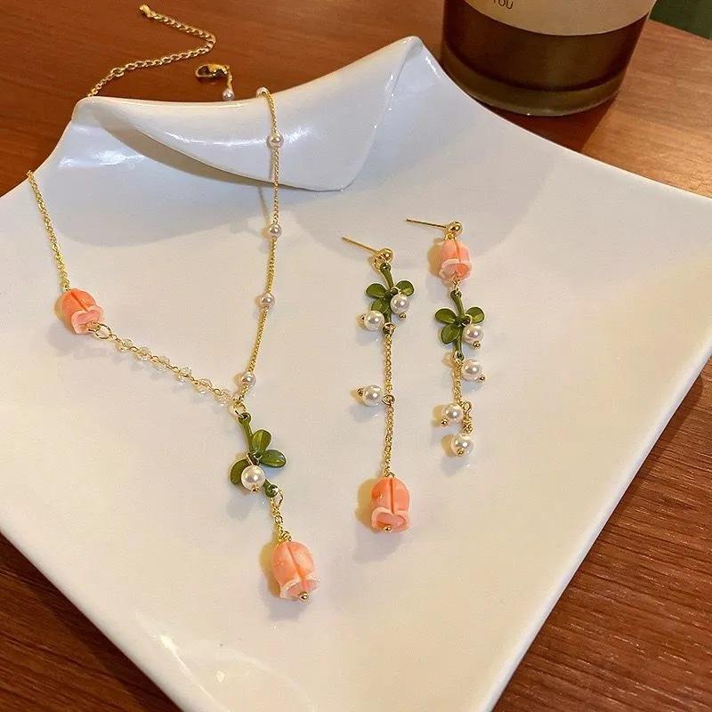 Handmade Lily Of The Valley Flower Necklace Female Collarbone Chain Gentle Girl Heart Versatile Super Fairy Pearl Temperament Neck Chain Earrings