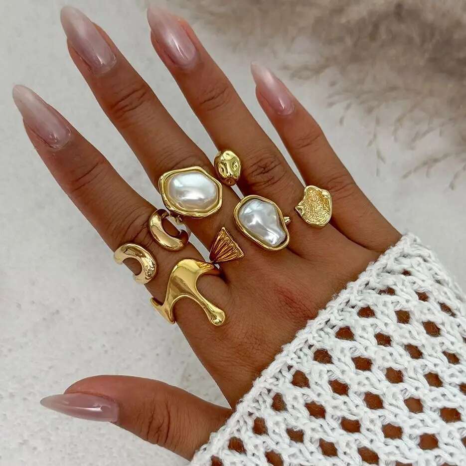 Ingemark 5Pcs/Set Retro Elegant Baroque Imitation Pearl Open Ring Trendy Irregular Geometry Adjustable Ring Set Birthday Jewelry
