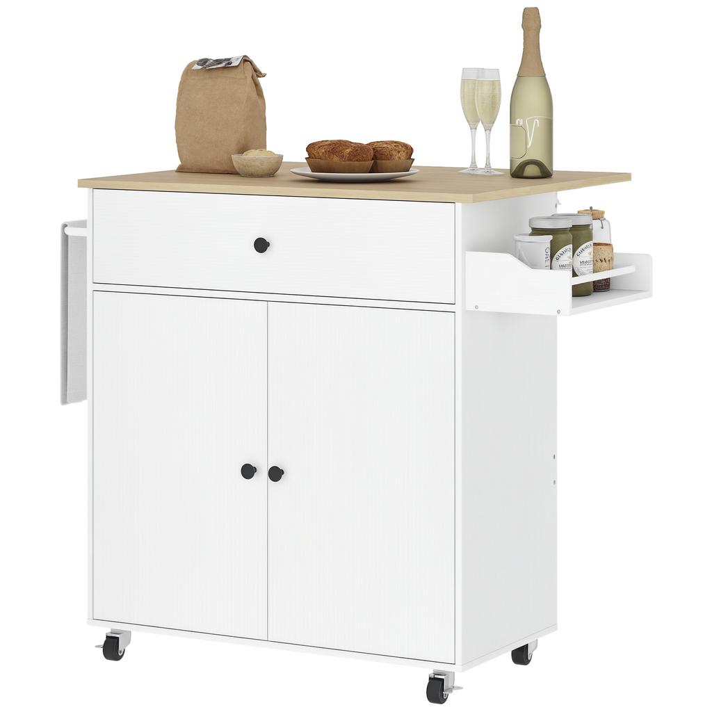 Rolling Kitchen Island with Drop Leaf, Kitchen Storage Cart with Drawer, Spice Rack and Towel Rack, White