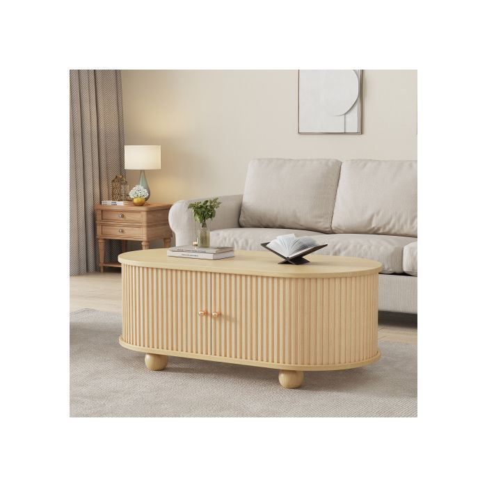 Table basse ovale avec espace de rangement et portes coulissantes meuble multifonctionnel peu encombrant en couleur bois
