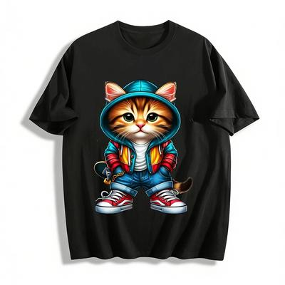 Cool Skateboard Cat Print Casual Top Unisex Trendy Tee Pure Cotton T-shirt