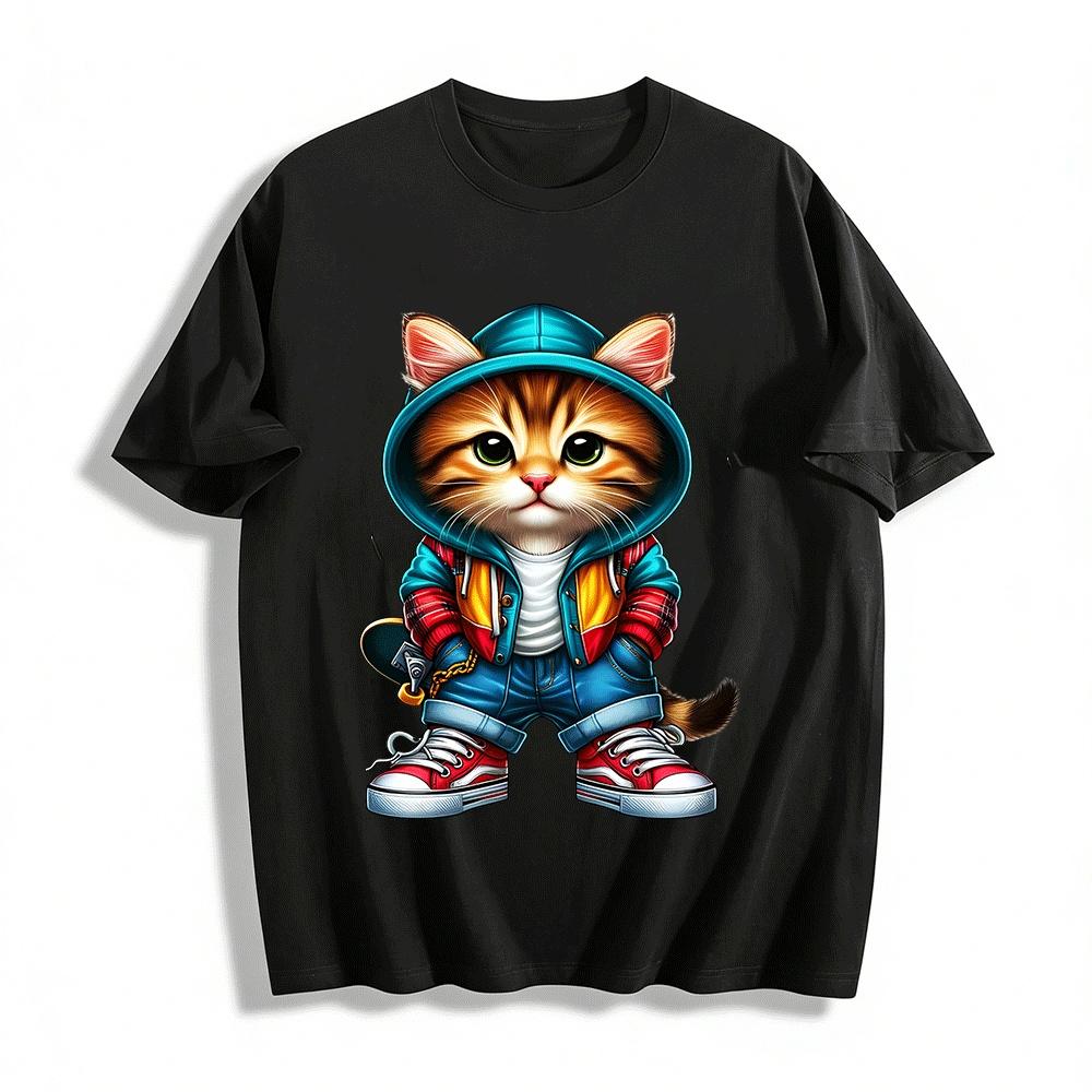 

Cool Skateboard Cat Print Casual Top Unisex Trendy Tee Pure cotton T-shirt XXS