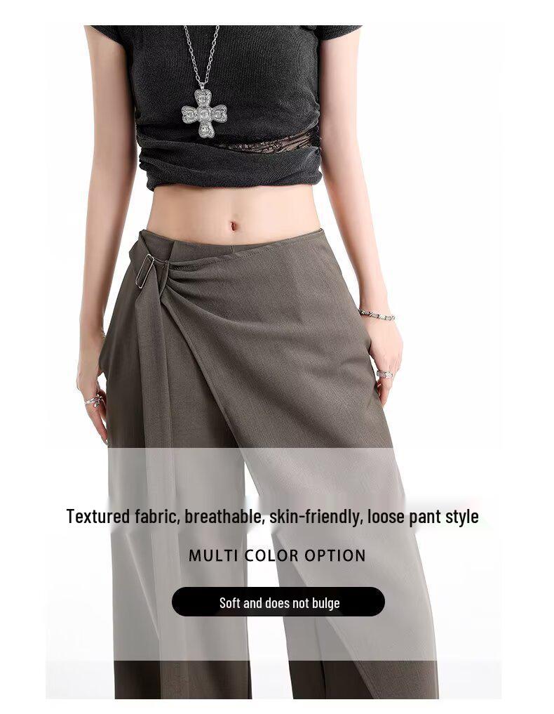 Women's Brown-Gray Wide-Leg Pants with Flowing Ribbons, 2026 New Style, Slimming, Good Drape, Casual Straight-Leg Suit Pants.