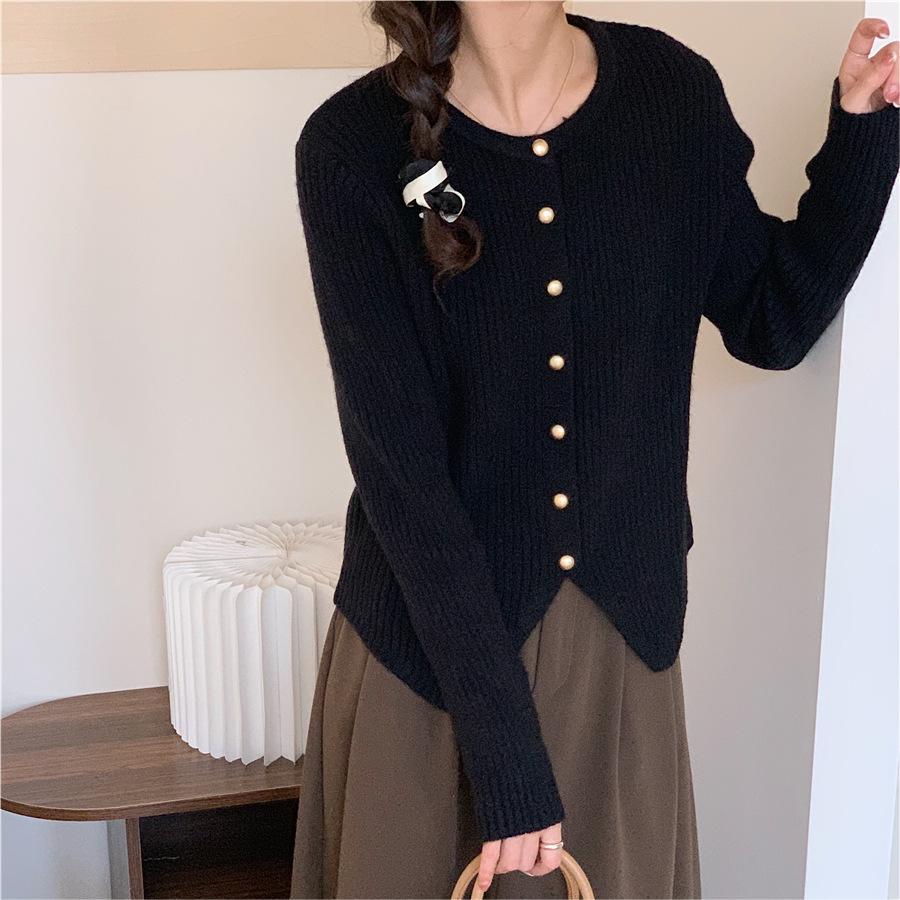 Solid Color Round Neck Irregular Hem Top Spring and Autumn Design Sense Retro Chic Knitted Sweater Women's Simple Fashion