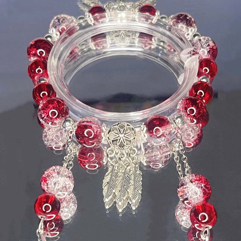 

Браслет с подвеской в виде креста в китайском стиле из красного кристалла для девочек и женщин, винтажный эластичный браслет из бисера и цепи, ювелирные изделия, подарки красный