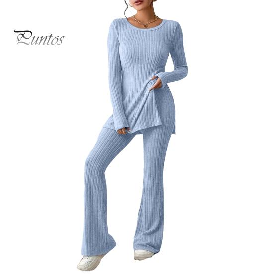 

Женский костюм из двух предметов, зима-осень, вязаный топ в рубчик с разрезом и длинными рукавами, расклешенные брюки с высокой талией, модный комплект M серый/синий