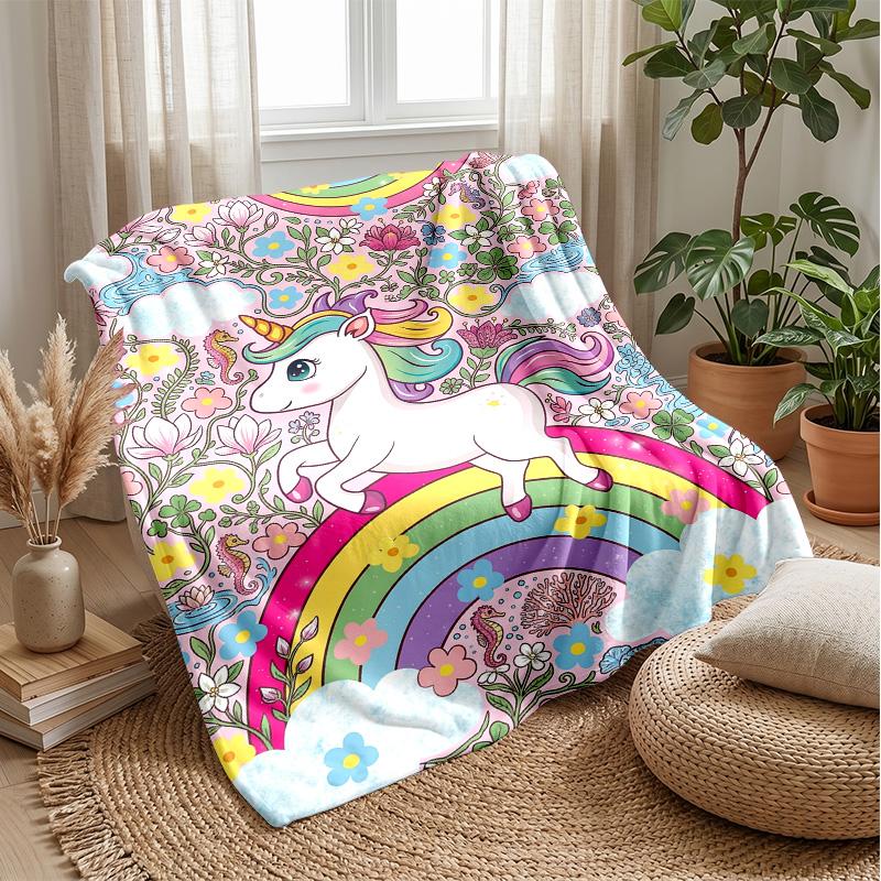 Fantasy Unicorn Rainbow Theme Blanket Lightweight Warm Flannel Blanket Decorative Throw Blanket for Home Decoration