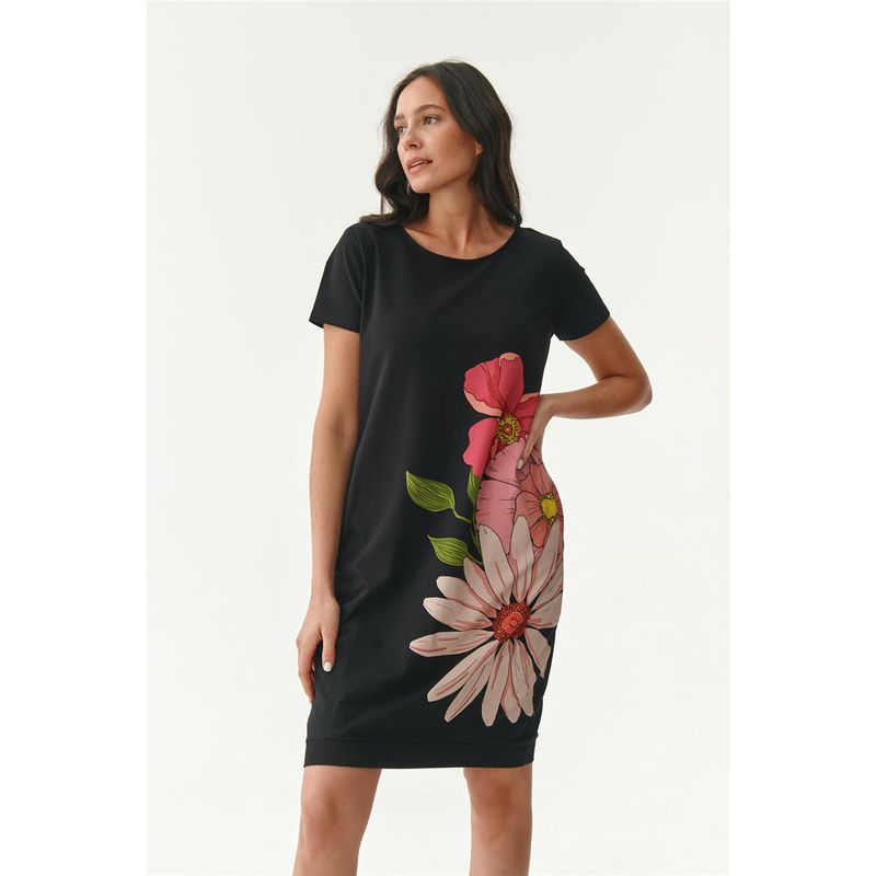 

Stick to the Original European Single Summer New Arrival Middle-Aged Cotton Print Side Pocket Women s Short Sleeve Dress Black XS