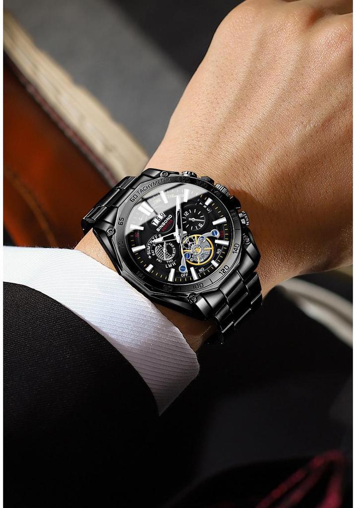 BINBOND Men's Luminous Trendy Tourbillon Watch with Steel Band, Three Dials & Six Hands