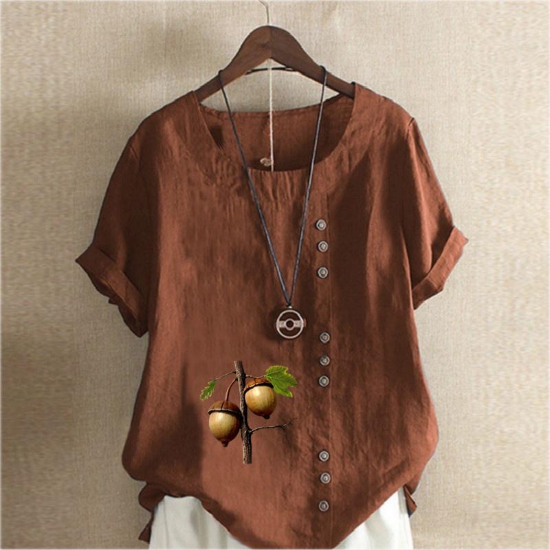 Women's New Fashion Linen Shirt Round Neck Short Sleeve Hazelnut Printed T-shirt Summer Ladies Casual Plus Size Blouse Tops