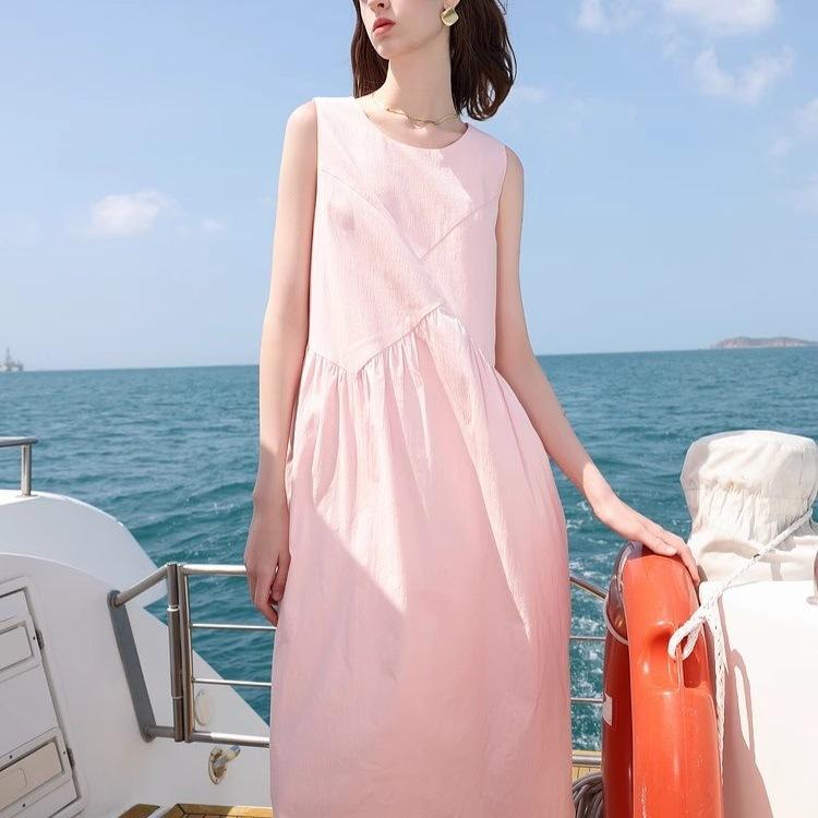 

Summer new Korean wear, gentle wind, sweet and thin, pink simple sleeveless fashion vest dress 3XL рожевий