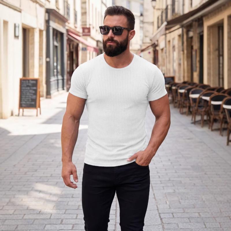 

Men s Summer Sports Fitness Casual Round Neck Elastic Vertical Strip Round Neck Short-sleeved T-shirt S белый