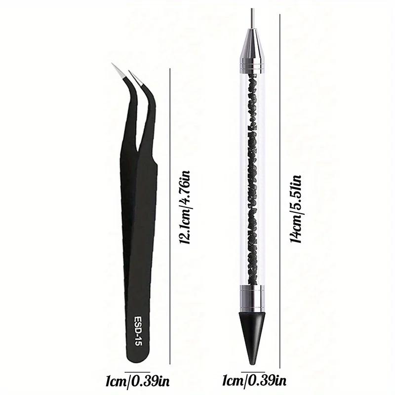 2Pcs Nail Art Diamond Pens with Diamond-encrusted Crayons with Stainless Steel Tweezers Nail Grafting Eyelashes Manicure Tools