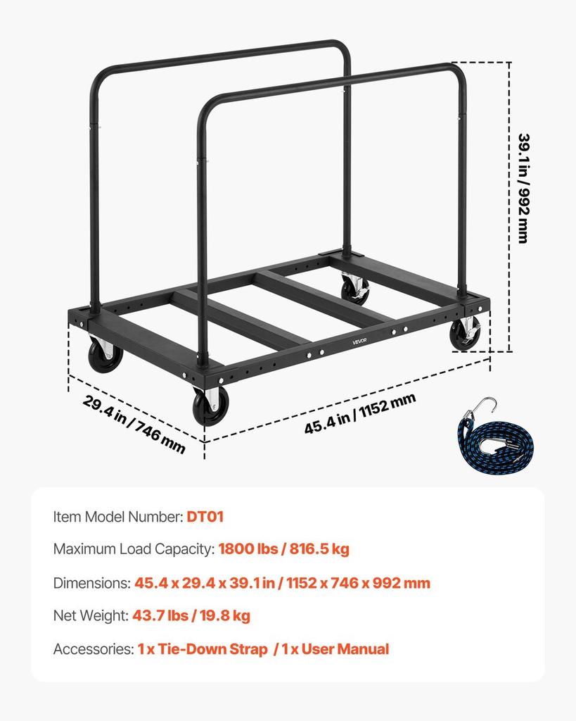 Gipskarton-Wagen Dolly, 816 kg Tragfähigkeit, Stahlplatten-Transportwagen mit 12,5 mm Lenkrollen, Holz-Gipskarton-Dolly mit Spanngurt & 2 Seiten