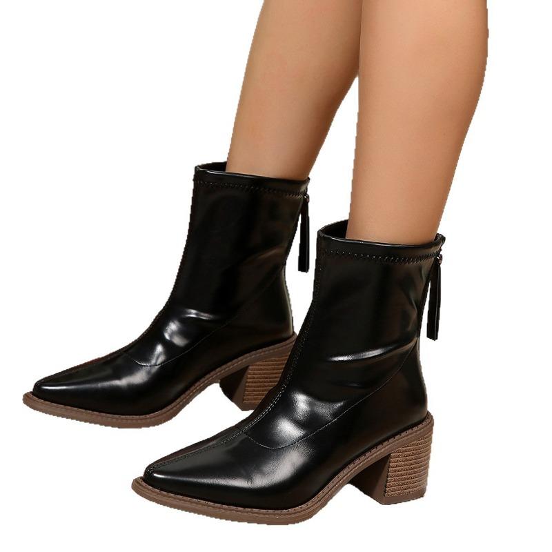Elastic Shoes, High-heeled Ankle Boots, New Single Boots, Chunky Heels, Plus-size Slim Boots, Women's Shoes