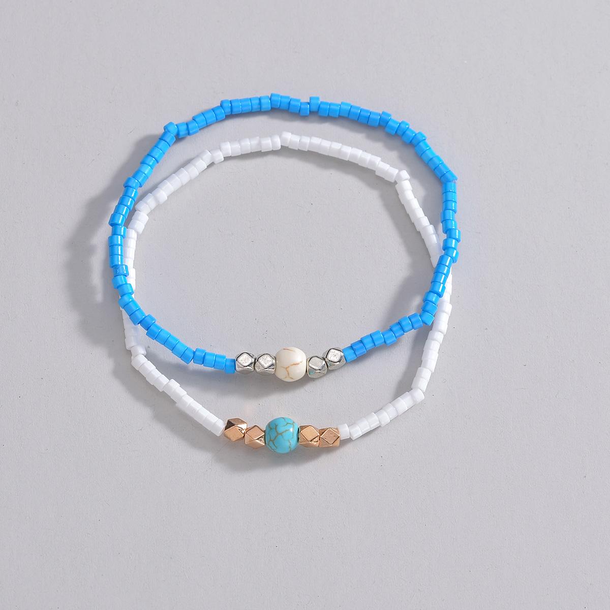 

2-Piece Set of Fashionable Blue and White Resin Beaded Bracelets for Women and Girls with Adjustable Jewelry Gift Accessories