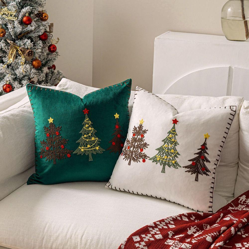 18 x 18 in Christmas Pillow Cover Soft Short Xmas Tree Pillowcase Comfortable Embroidered Cushion Slipcover Festive Atmosphere