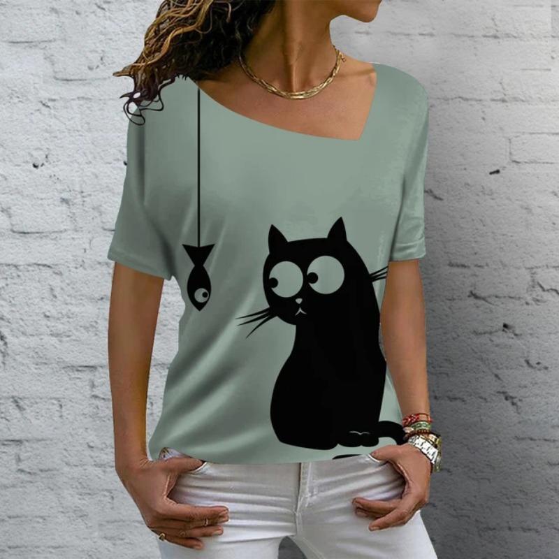 

Модные женские футболки с 3D-принтом с анимированным котом, летние повседневные топы с коротким рукавом, уличные спортивные свободные футболки, женские футболки с V-образным вырезом, топы 6XL