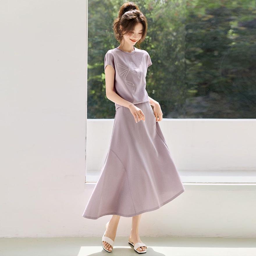 Fashion Casual Suit Skirt Summer New Light Bow Embroidered T-shirt Irregular Skirt Suit Women