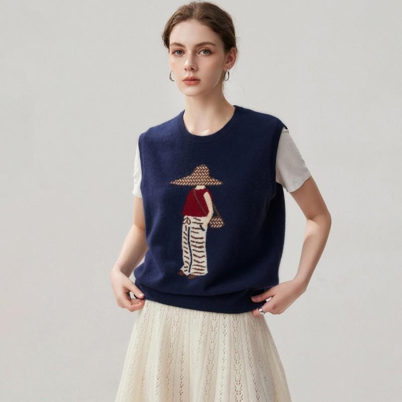 Womens Cashmere Blend Knit Sleeveless Vest Round Neck Loose Fit Cartoon Jacquard Lightweight Slimming Top