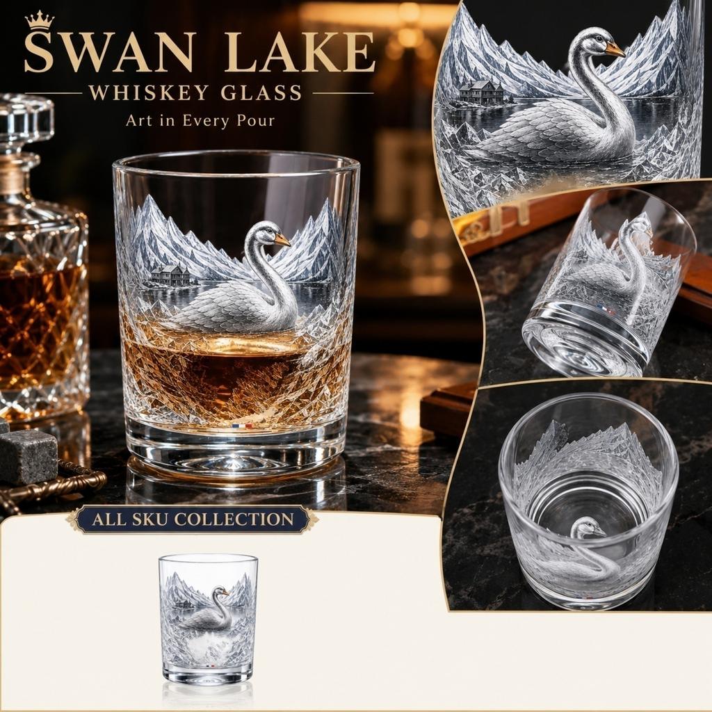 Glass Whiskey Tumbler Featuring Engraved Swan Design Suitable for Spirits and Cocktail Serving Durable Thick Base Clear Transparent
