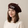Solid Color Bow Beret Pearl Beanie Cap Streetwear Wool Beret  Street Photography