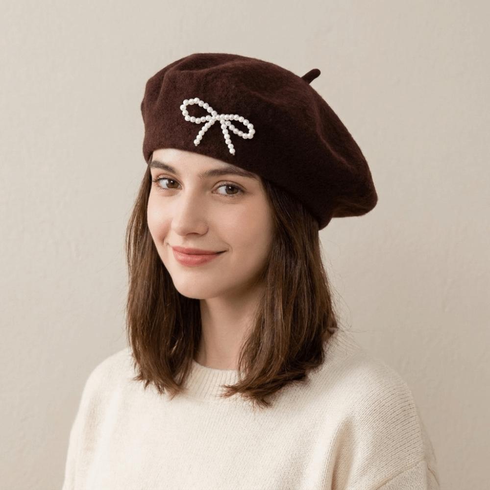 Solid Color Bow Beret Pearl Beanie Cap Streetwear Wool Beret Street Photography