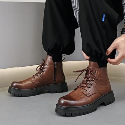 British Style Mens Fashion Platform Boots Original Leather Shoes Party Prom Dress Black Brown Cowboy Boot Cool Ankle Botas Male