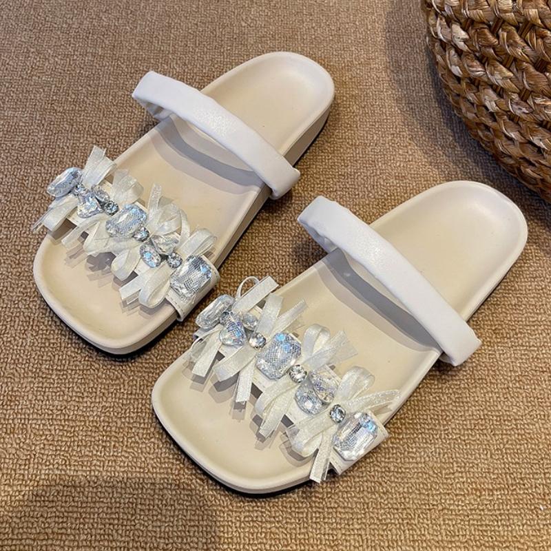 Fashion Luxury Crystal Women Slippers Summer Flats Sandals Woman Shoes Fashion New Walking Soft Slides 2025 Trend Elegant Bow Flip Flops