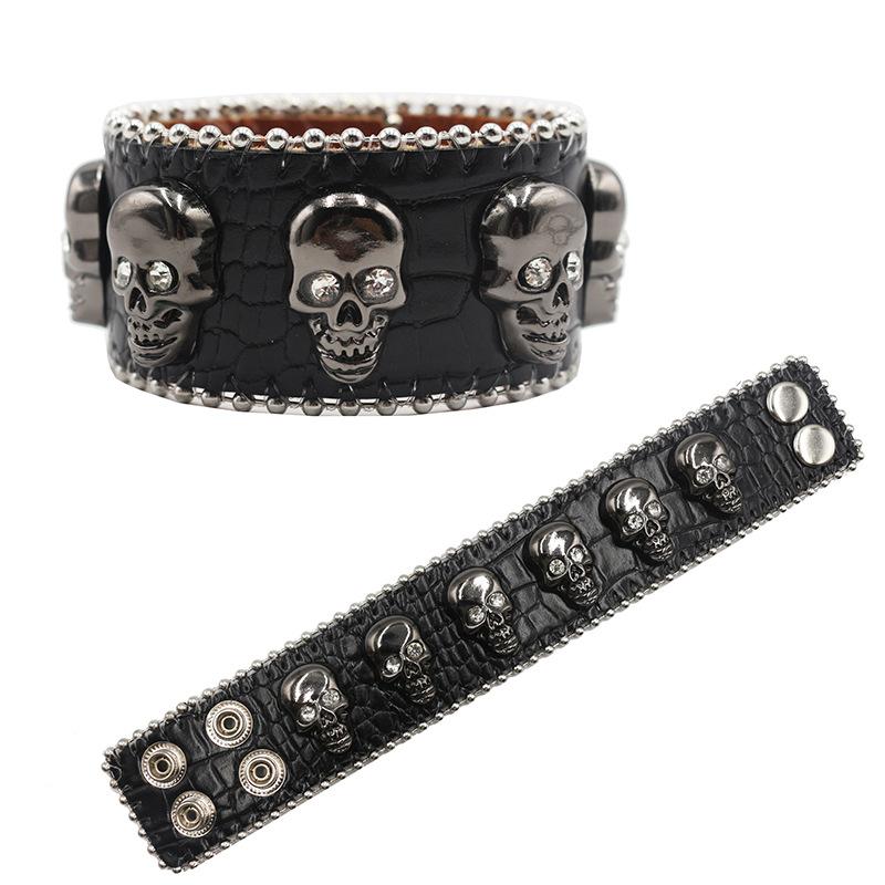 European and American Skull Buckle Rhinestone Bracelet, Personalized Diamond-encrusted PU Leather Jewelry