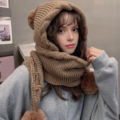 2 i 1 Mössa och Halsduk Set Vinter Stickad Huva Halsduk Mjuk Varm Virkad Mössa Halsduk Set med Fuskpäls Pomponboll för Kallt Väder