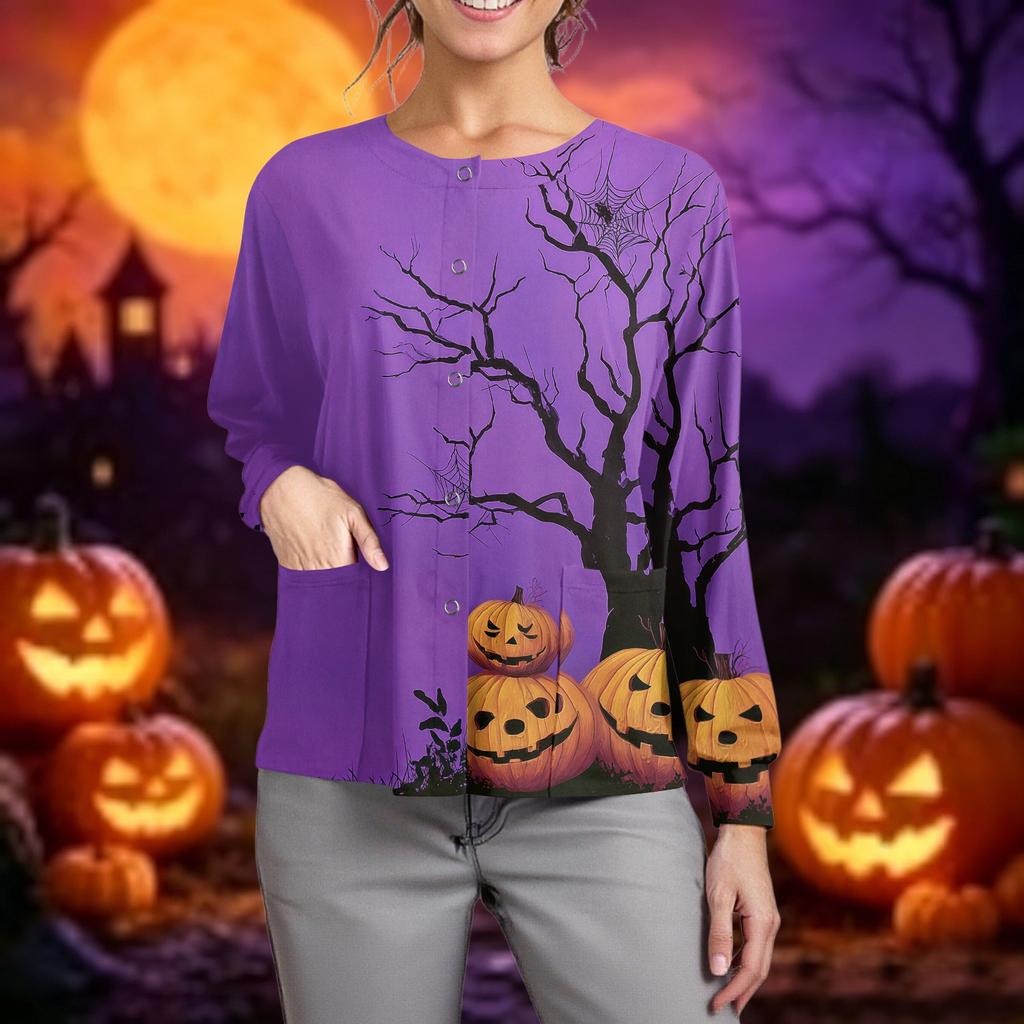 Women's Casual Long Sleeve Single Breasted Halloween Print Caregiver Cardigan Top Lightweight Comfortable Fit