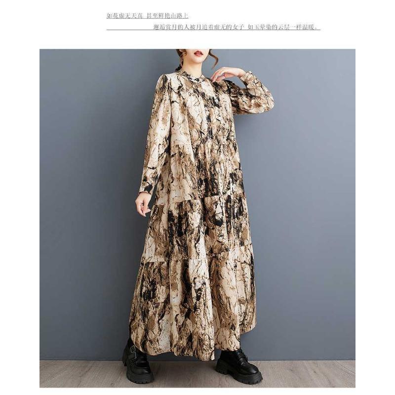 2025 Round Neck Long Sleeve Loose Skirt Women's Big Size Middle Aged Mom Dress